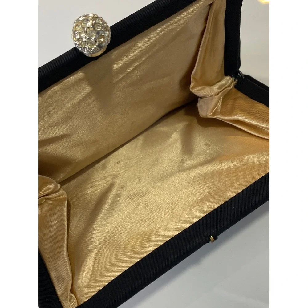 Vintage Black Pleated Clutch Purse Rhinestone Dome Clasp Gold Lining Evening Bag